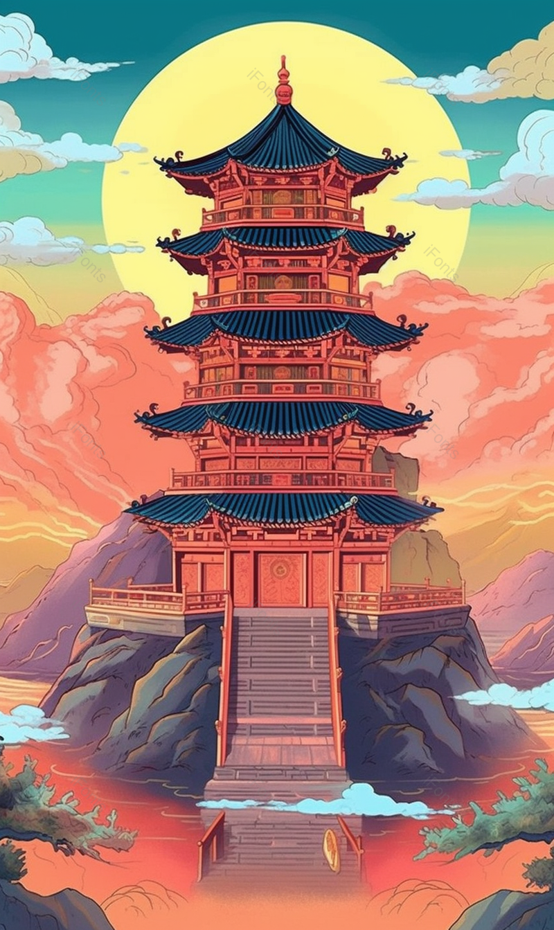 地标国潮风风景楼阁插画背景,插画/手绘图,插画/手绘图库,插画/手绘图下载,插画/手绘
